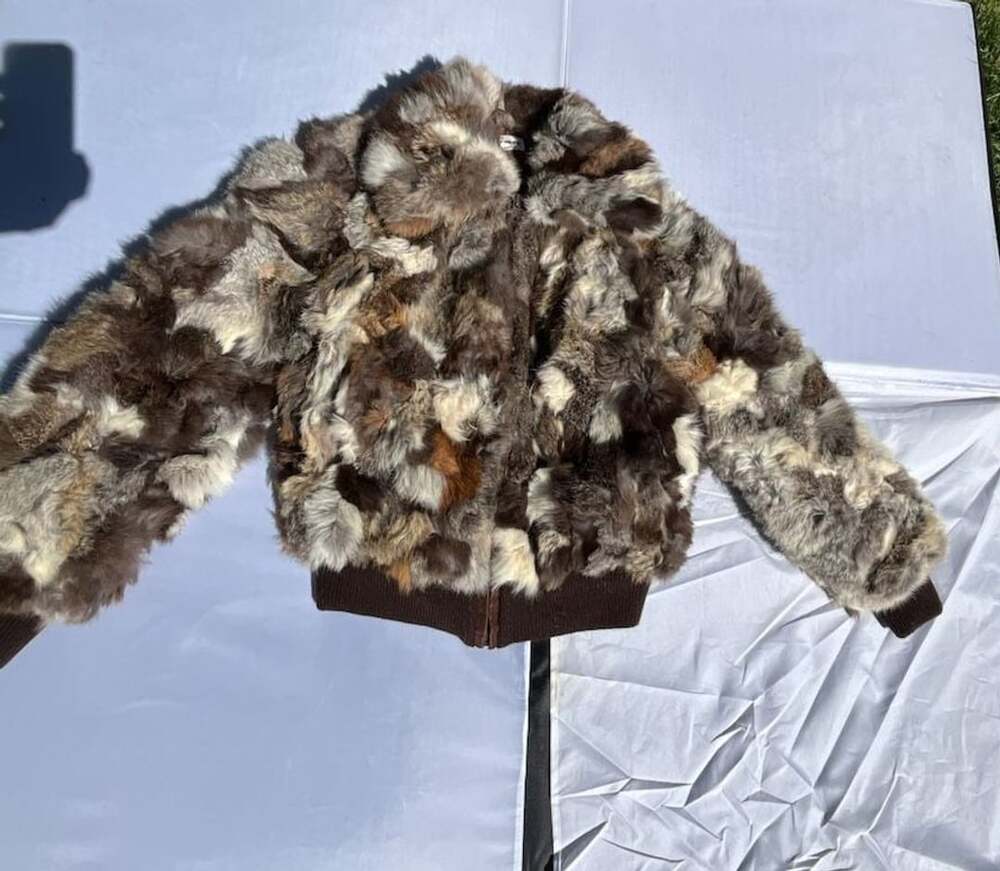 Vintage Rabbit Fur Bomber Jacket Brown Patchwork Real Fur Zip Up